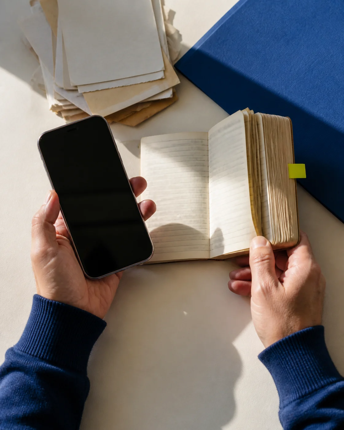 Hands compare a dark-screen phone with an address book whose handwritten details are unreadable.