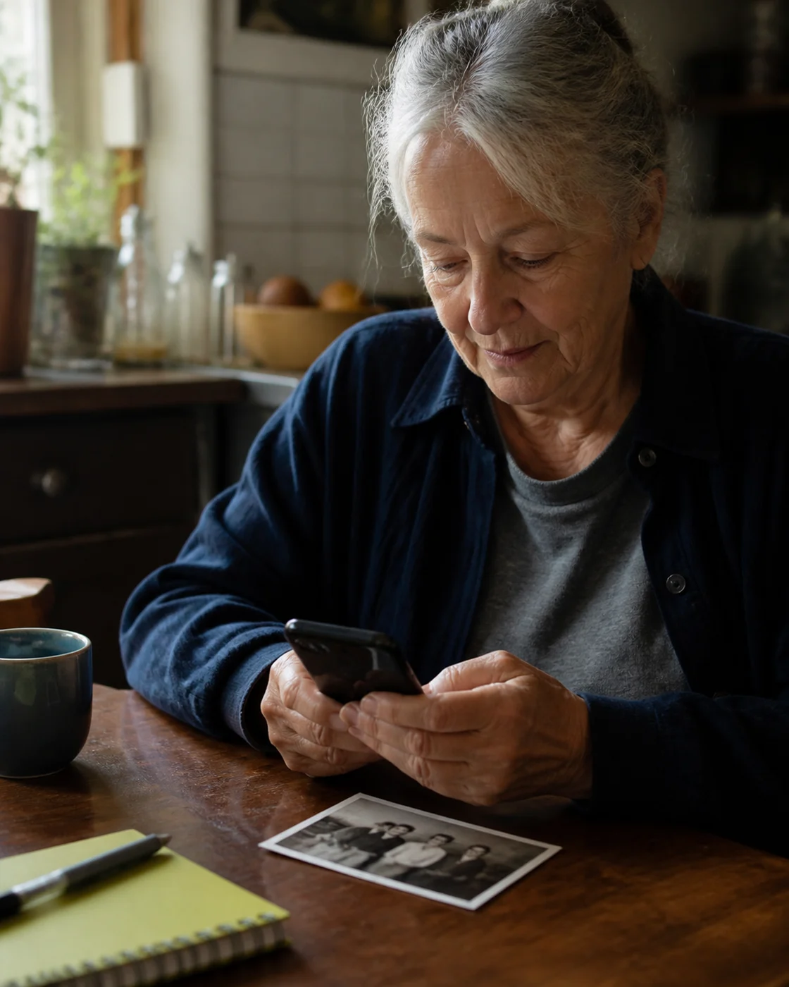 An anonymous older adult holds a phone beside an old printed photograph at a kitchen table.
